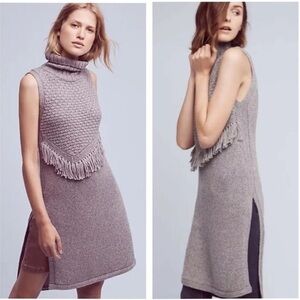 Anthropologie Nomad Alpina Gray Knit Sweater Fringe Tunic High Neck Sleeveless S